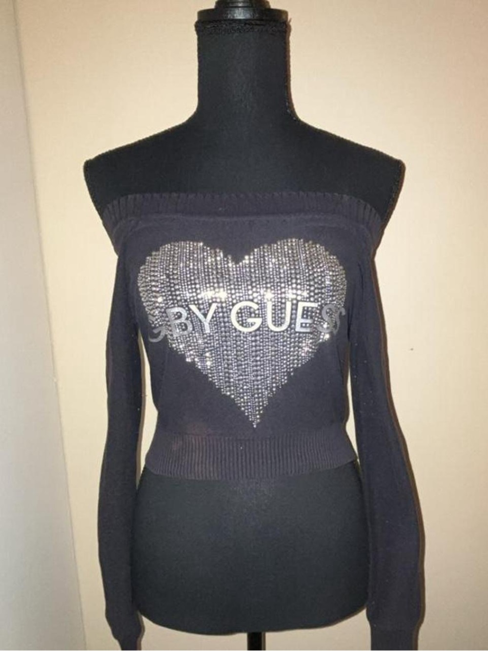 Guess Off-the-Shoulder Black Sequin Heart Sweater